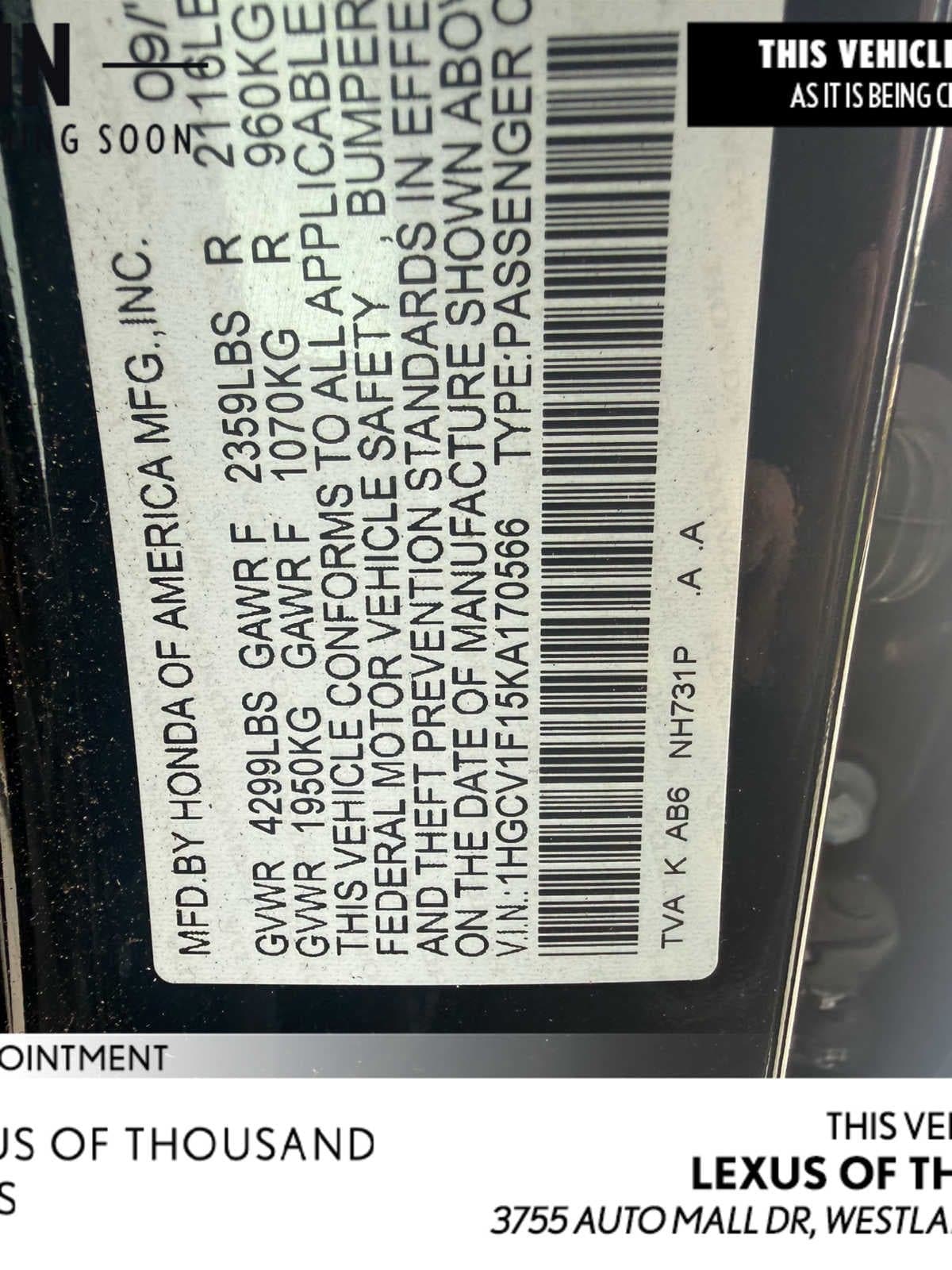 2019 Honda Accord Sedan LX 1.5T — photo 1 of 8