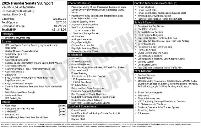 2026 Hyundai Sonata SEL Sport — photo 1 of 5