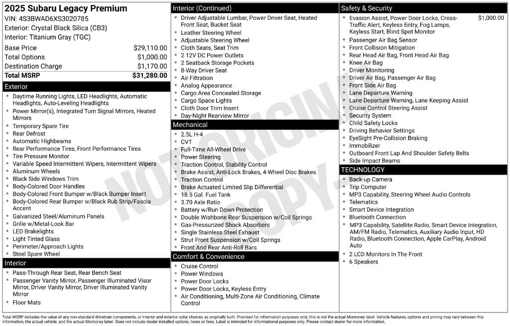 2025 Subaru Legacy Premium — photo 1 of 2