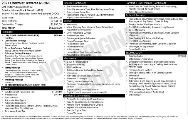 2027 Chevrolet Traverse AWD RS — photo 1 of 32